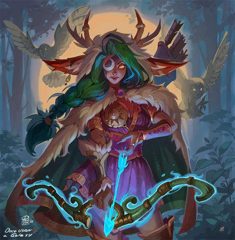 The image depicts a fantasy character standing in a forest setting. The character has long, braided hair with green and blue highlights, and wears a fur-lined cloak with a central circular emblem. They are adorned with a headpiece featuring antlers and large, pointed ears, suggesting a connection to nature. The character holds a bow with a glowing blue arrow, indicating magical properties. The bow is intricately designed with swirling patterns and a green hue. The character's attire includes a purple dress with gold accents and a belt with a circular buckle. In the background, two owls with glowing eyes are visible, adding to the mystical atmosphere. The setting is a forest with a large, glowing moon in the background, enhancing the magical ambiance. The image is signed "Once Upon a Galaxy" in the bottom left corner.