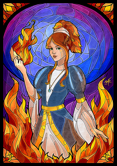 The image depicts a stained glass artwork featuring a woman with red hair styled in a high ponytail, holding a flame in her right hand. She is wearing a blue dress with puffed sleeves, a white undershirt, and a yellow belt. The background is a vibrant mix of purple and blue, with a circular pattern that resembles stained glass. Flames surround the woman, adding a dynamic element to the composition. The artwork is framed with a black border, and the year "2025" is visible in the bottom right corner, along with a signature. The overall style is reminiscent of traditional stained glass windows, with bold colors and intricate details.