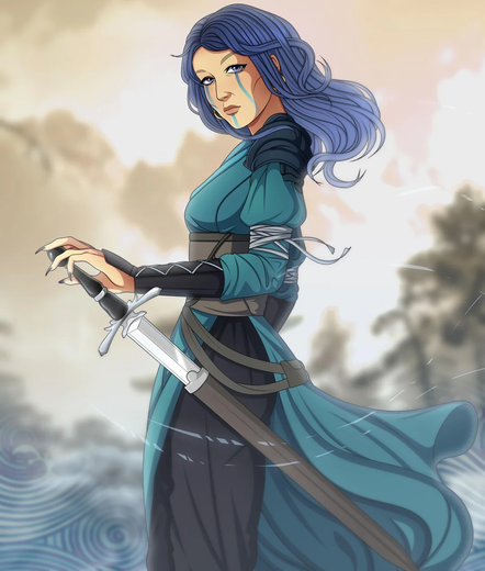 The image depicts a character with long, flowing blue hair, wearing a teal robe with black accents. The character is holding a sword with a silver blade and a black handle, positioned diagonally across the body. The robe is cinched at the waist with a belt, and the character's arms are adorned with black arm guards. The background features a cloudy sky and a blurred landscape, suggesting a serene yet dynamic environment. The character's expression is serious, and the overall color palette includes shades of blue, teal, and black, with a soft, ethereal quality to the background.