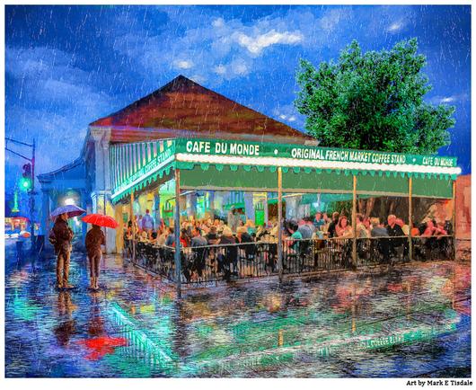 Digital art showing a rainy night scene outside of the Cafe du Monde in New Orleans' French Quarter. The building and people in the scene are reflecting in the wet pavement in the foreground.