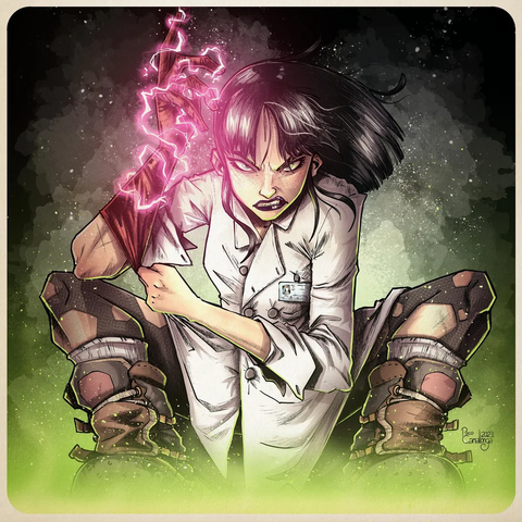 The image depicts a character in a dynamic pose, wearing a white lab coat with a badge, suggesting a scientific or medical background. The character has short black hair and is crouched down, with one arm raised, emitting pink electrical energy from the hand, indicating a supernatural or superhuman ability. The character's attire includes rugged, worn-out pants and large, sturdy boots, adding to the impression of a tough, action-oriented persona. The background is a gradient of dark green and black, with a smoky texture, enhancing the dramatic effect. The overall style is reminiscent of comic book art, with bold lines and vibrant colors. The artist's signature, "Pico 2023," is visible in the bottom right corner.