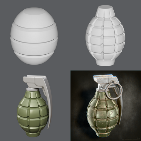 3D modeling stages of a rusty old hand grenade.