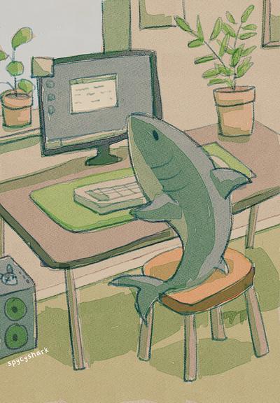 A shark sitting at a desk with a computer. The colors are blue but warm. They have a few plants in their office.
