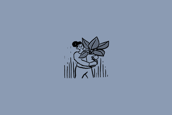 A sketchy drawing of a person carrying a large flower pot with a leafy plant inside it.