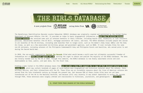 Search the BIRLS Database - over 18 million records about deceased US veterans, from the US Department of Veterans Affairs, now online and FREE from Reclaim The Records