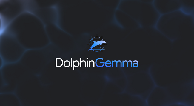 A black and blue swirl background with the logo of a blue dolphin over the word DolphinGemma with dolphin in white and Gemma in blue