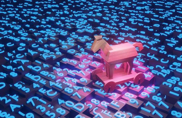 Trojan horse on top of blocks of hexadecimal programming codes. Illustration of the concept of online hacking, computer spyware, malware and ransomware. Trojan horse on top of blocks of hexadecimal programming codes. Illustration of the concept of online hacking, computer spyware, malware and ransomware.