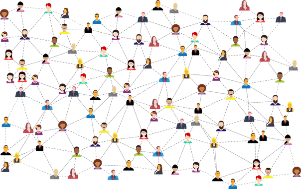 Illustration showing diverse avatars connected by lines in a network, representing interconnected people or social network connections.