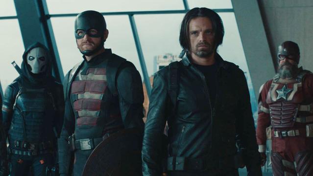 (L-R): Ghost (Hannah John-Kamen), Taskmaster (Olga Kurylenko), John Walker (Wyatt Russell), Bucky Barnes (Sebastian Stan), Alexei Shostakov/Red Guardian (David Harbour), and Yelena Belova (Florence Pugh) in Thunderbolts