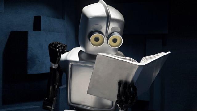Illustration of studious robot reading a book Illustration of studious robot reading a book