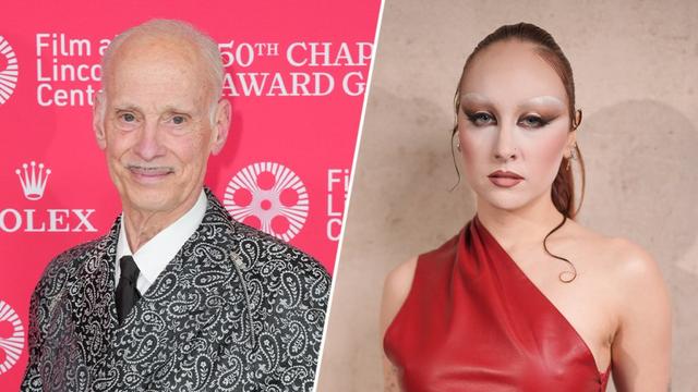 John Waters poses on a red carpet; Chappell Roan poses in front of a backdrop.