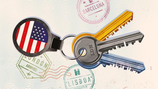A montage of a set of keys with the American flag on it and stamps of Lisboa, Barcelona and London in the background. | Gary Neill