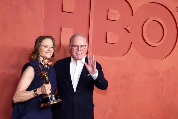 Warner Bros. Discovery CEO David Zaslav, at right, with Jodie Foster at the HBO and Max post-Emmy reception in September 2024.