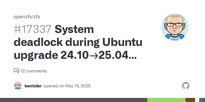 System information Type Version/Name Distribution Name Ubuntu Distribution Version 24.10 Kernel Version 6.11.0-25-generic Architecture x86_64 OpenZFS Version zfs-2.2.6-1ubuntu1.1, zfs-kmod-2.2.6-1u...