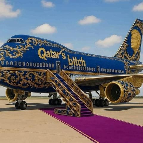 A manipulated image of a jumbo jet that has been covered in gaudy gold filligree and has the words, "Qatar's Bitch," written on it.
A purple carpet extends to the right foreground from an exit ramp that is decorated like the plane.