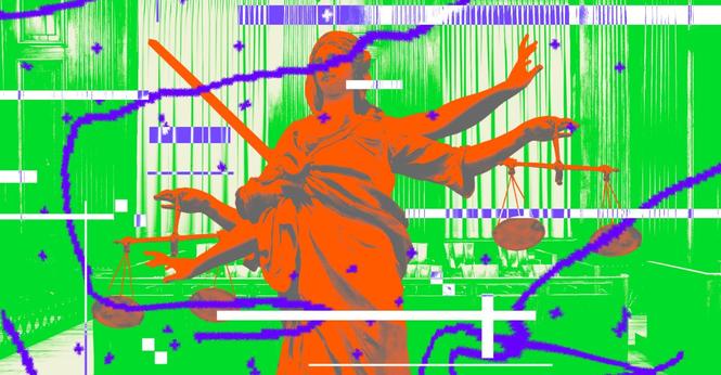 Digital photo collage of a statue of justice with too many arms.