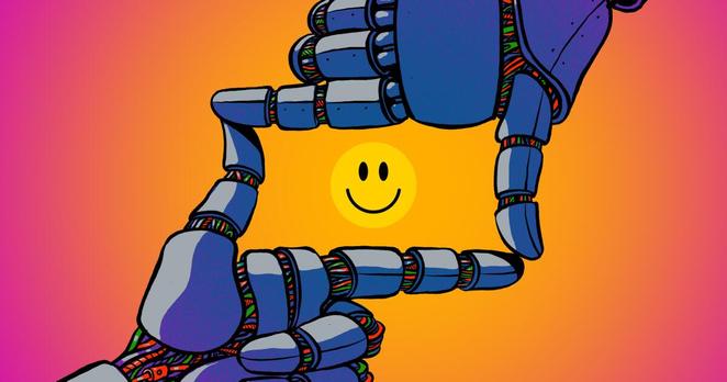 Illustration of two robotic hands forming a movie frame with a smiley face in the center