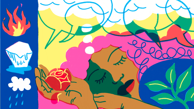 A vibrant, stylized illustration. The left panel features symbolic elements stacked vertically: a red-orange flame, a melting ice cube, and a cloud raining blue droplets — visually representing contrasting sensations like heat and cold, dryness and moisture. The right panel shows a dreamy, abstract figure with dark green skin and pink, cloud-like hair lying serenely with eyes closed, holding a red rose in her palm.