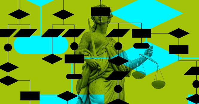Photo collage of the Lady Justice statue blinded by an algorithm. Photo collage of the Lady Justice statue blinded by an algorithm.