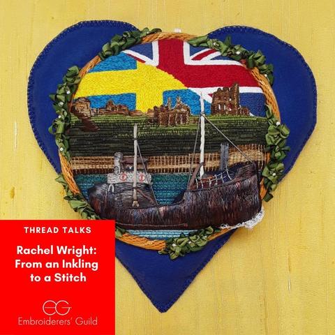 My embroidered piece "Leaving the Tyne, 1915", in the Embroiderers Guild 2018 "100 Hearts" project 