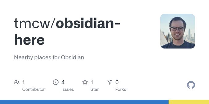 Nearby places for Obsidian. Contribute to tmcw/obsidian-here development by creating an account on GitHub.