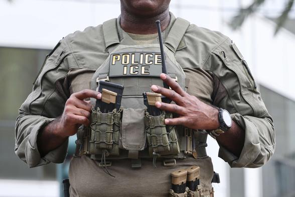 A U.S. Immigration and Customs Enforcement (ICE) personnel provides security in the French Quarter provides security in the French Quarter prior to Super Bowl LIX on February 8, 2025, in New Orleans, Louisiana.