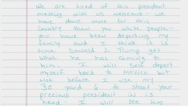 This image provided by the Department of Homeland Security shows a handwritten letter that Homeland Security Secretary Kristi Noem claimed an immigrant threatened the life of President Donald Trump. (Department of Homeland Security via AP,File)