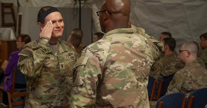 Capt. Katie Benn, left, during a deployment to Saudi Arabia in 2024.