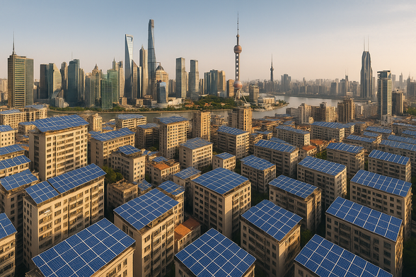 ChatGPT generated panoramic aerial image of a major Chinese city skyline filled with rooftop solar installations