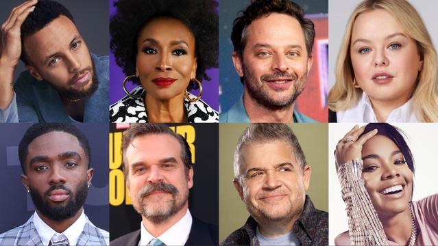 Clockwise from top left: Steph Curry, Jenifer Lewis, Nick Kroll, Nicola Coughlan, Gabrielle Union, Patton Oswalt, David Harbour and Caleb McLaughlin.