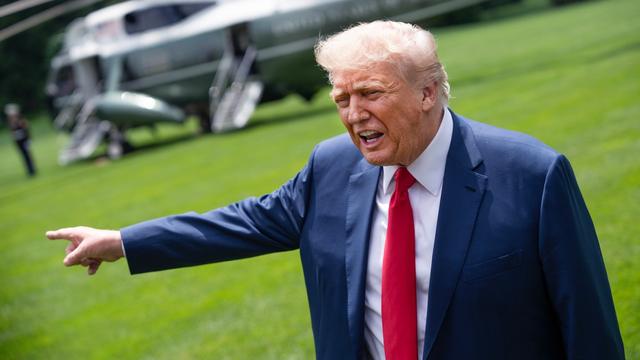 UNITED STATES - JUNE 9: President Donald Trump talks with reporters upon arriving to South Lawn of the White House from Camp David on Monday, June 9, 2025. (Tom Williams/CQ-Roll Call, Inc via Getty Images)