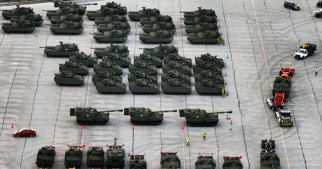 Army vehicles gathered in Jessup, Md., on Monday being prepared for the military parade in Washington.