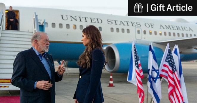 Ambassador Mike Huckabee speaking with Homeland Security Secretary Kristi Noem at Ben Gurion Airport in Tel Aviv in May. Ambassador Mike Huckabee speaking with Homeland Security Secretary Kristi Noem at Ben Gurion Airport in Tel Aviv in May.