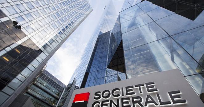 The Societe Generale logo sits on a sign outside the bank's headquarters in Paris.