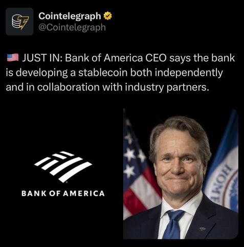 Bank of America CEO says the bank is developing a stablecoin both independently and in collaboration with industry partners