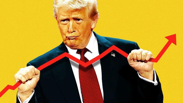 Photo illustration of President Donald Trump holding on to a line with an arrow at the end