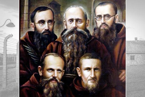 Zbigniew Kotyłło, “Capuchin Martyrs of the Concentration Camps,” 2018. Clockwise, from upper left: Father Henryk Krzystofik, Father Anicet Kopliński, Father Fidelis Chojnacki, Father Fidelis Stępniak and Father Symforian Ducki.