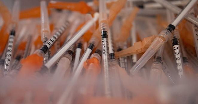 A container of syringes used to administer Novavax Covid-19 vaccines