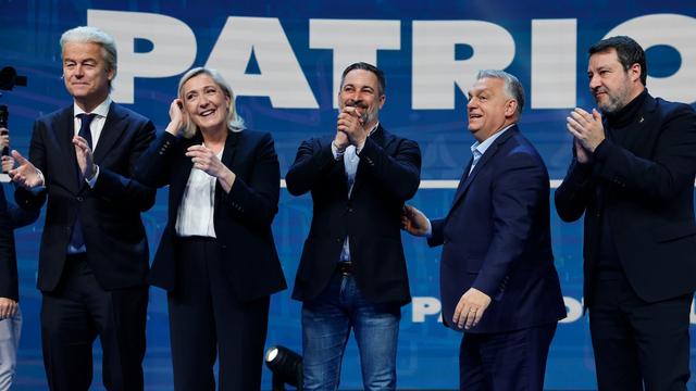 From left to right, Geert Wilders, Marine Le Pen, Santiago Abascal, Viktor Orbán, and Matteo Salvini, at a far-right political event in Madrid in February. | Sergio Pérez (EFE)
