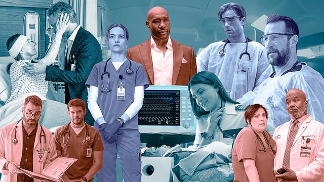 Clockwise from left: Fox’s Doc, Netflix’s Pulse, Paramount+’s Watson, HBO Max’s The Pitt, NBC’s St. Denis Medical, ABC’s Doctor Odyssey and NBC’s Brilliant Minds.