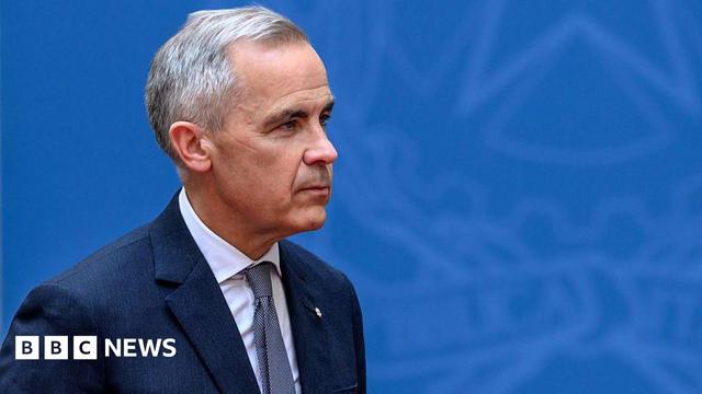 Canadian Prime Minister Mark Carney seen against a blue backdrop, wearing a darker blue suit and tie. He has a neutral expression 