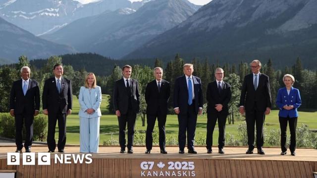European Council President Antonio Costa, Japanese Prime Minister Shigeru Ishiba, Italian Prime Minister Giorgia Meloni, French President Emmanuel Macron, Canadian Prime Minister Mark Carney, US President Donald Trump, British Prime Minister Keir Starmer, German Chancellor Friedrich Merz, and European Commission President Ursula von der Leyen pose for a family photo during the Group of Seven (G7) Summit at the Kananaskis Country Golf Course in Kananaskis, Alberta, Canada