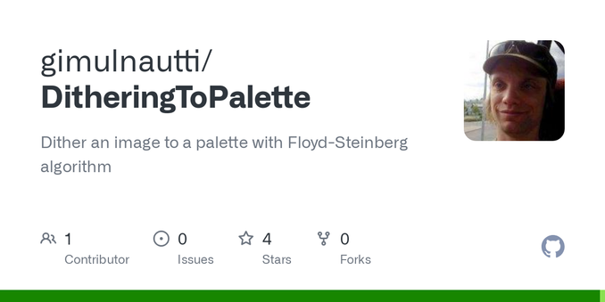 Dither an image to a palette with Floyd-Steinberg algorithm - gimulnautti/DitheringToPalette Dither an image to a palette with Floyd-Steinberg algorithm - gimulnautti/DitheringToPalette