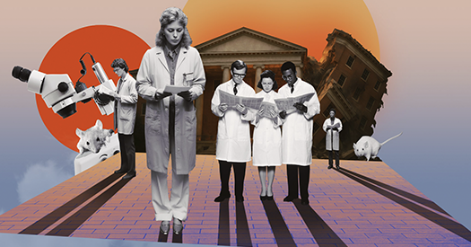 A group of researchers reading while institutions crumble in the background, and giant mice appear on the horizon.