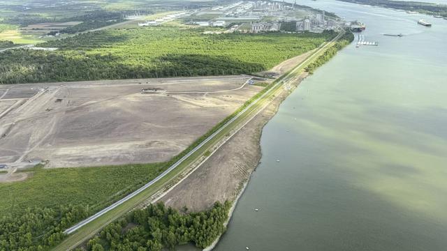 The nearly $3 billion Mid-Barataria Sediment Diversion project along the Mississippi River, intended to stave off coastal land loss in southeastern Louisiana, is seen during a flyover with the environmental coalition group Restore the Mississippi River Delta, Aug. 29, 2024. (AP Photo/Jack Brook, File)