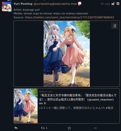 Screenshot of Yuri Posting Bot showing the source of said image as quote from Shitter:
