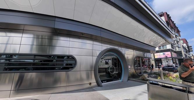 Exterior of the front of the Tesla diner in Los Angeles
