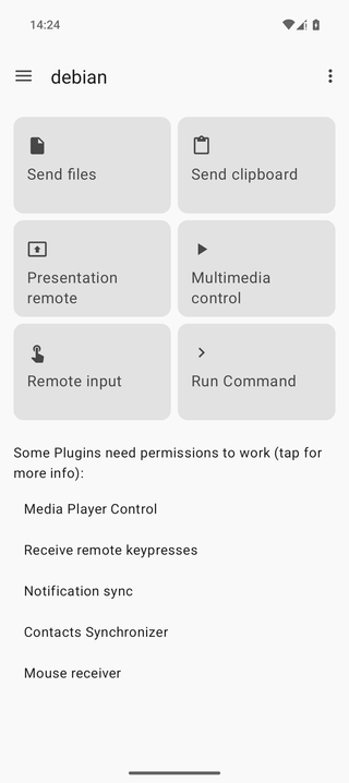 Mobile app interface showing various remote access options like "Send files," "Presentation remote," and "Run Command," with plugin permissions listed below.