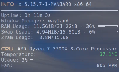 System info display showing uptime, RAM, CPU usage, temperature, and fan speed on a Manjaro Linux setup. The window manager shows wayland.