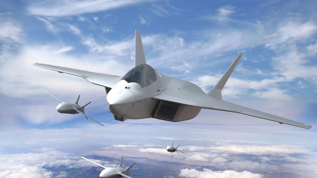 Four FCAS fighter jets flying against a backdrop of clouds in an impression Europe’s Future Combat Air Systems project. | © Airbus